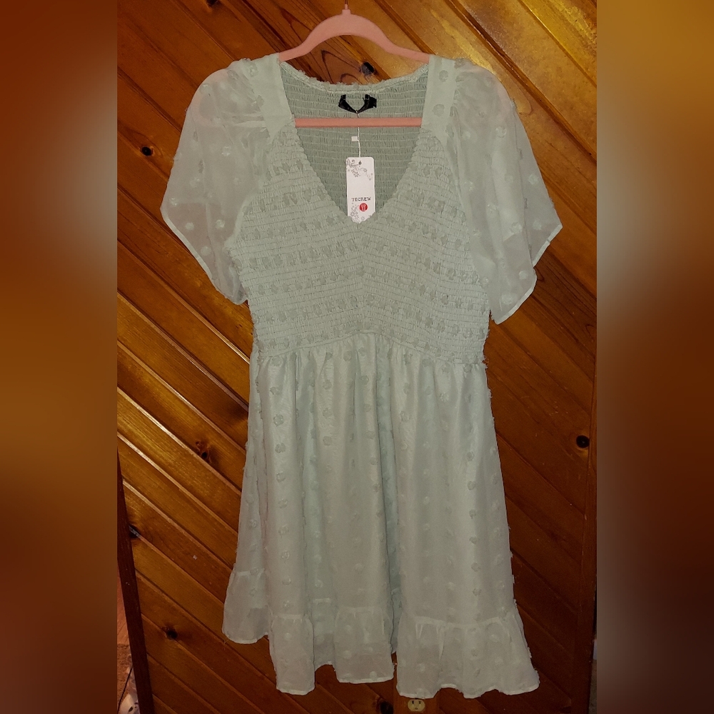 TECREW Womens Smocked Short Sleeve V Neck Mini Dress